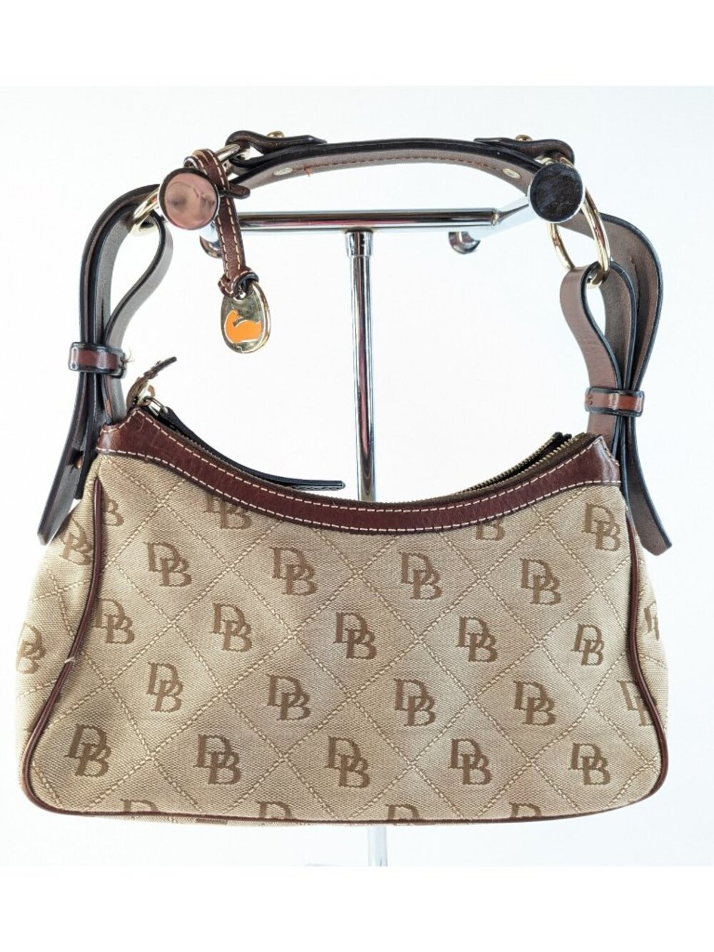 Dooney Bourke Monogram Hobo Purse Tan Brown Canvas Brass Shoulder Bag - Picture 1 of 13